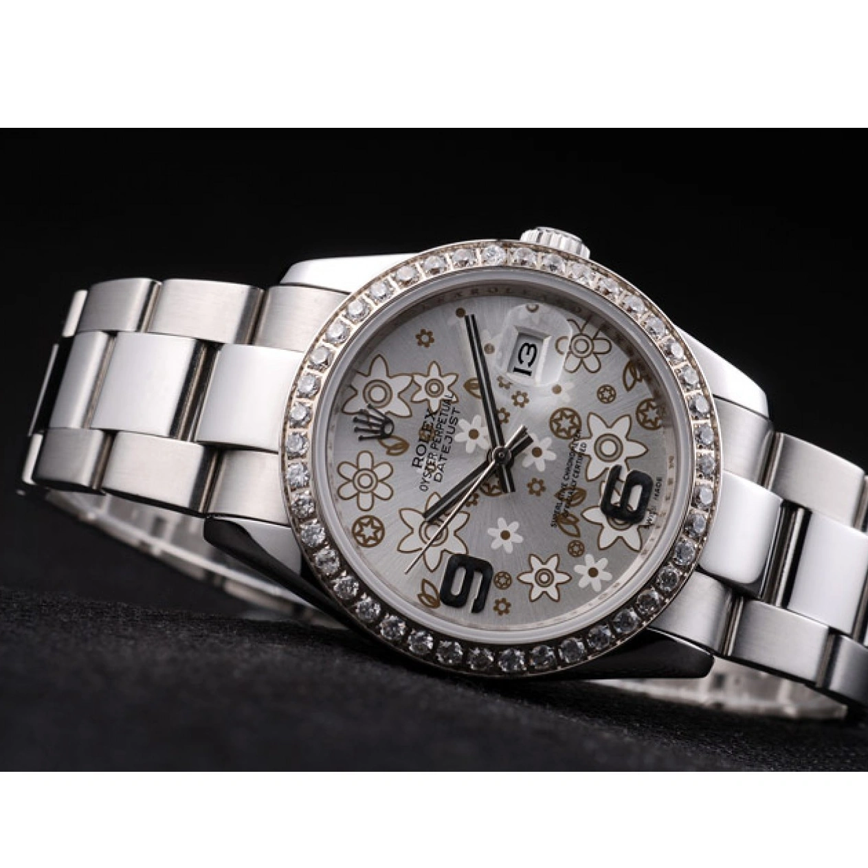 RepTime Watches 0220 Rolex Datejust Stainless Steel Silver Flowers Dial Diamond Plated rl305