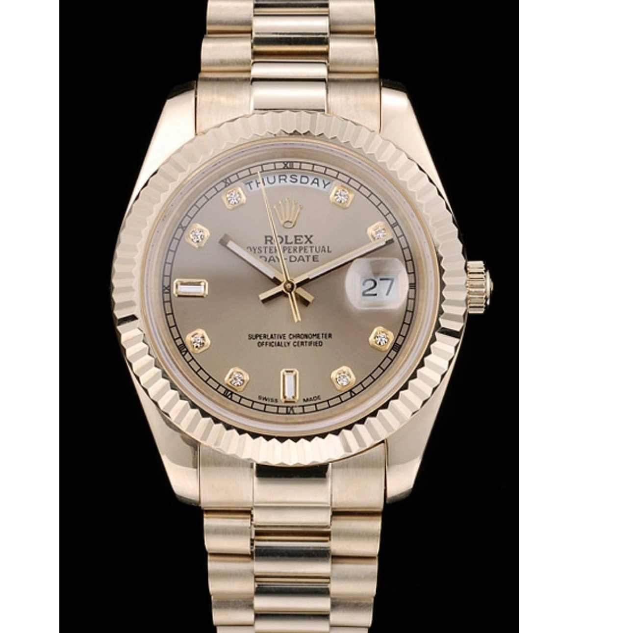 RepTime Watches 0220 Rolex DayDate Gold Stainless Steel Ribbed Bezel Goldish Dial 41979