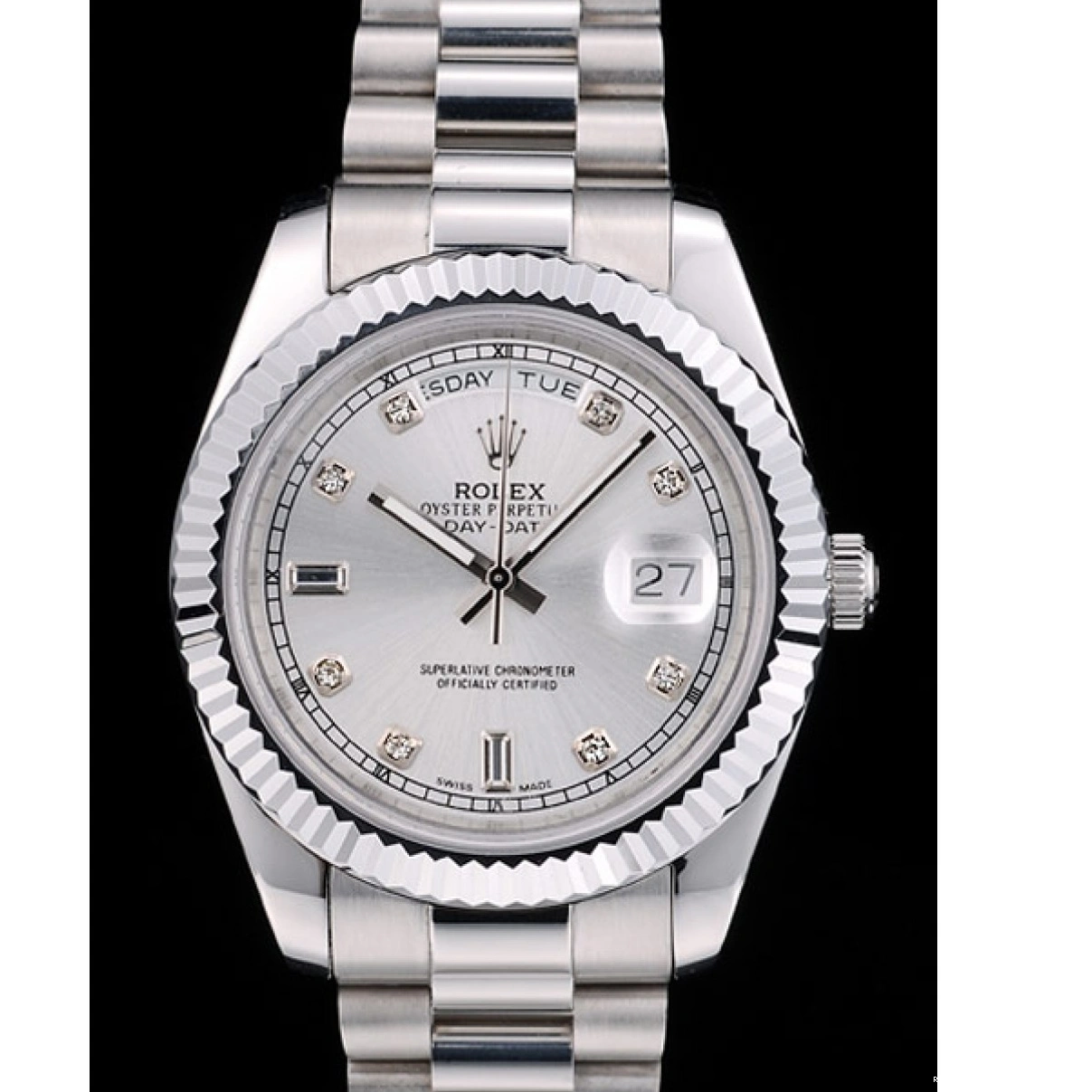 RepTime Watches 0220 Rolex Swiss DayDate Stainless Steel Ribbed Bezel Silver Dial 41995