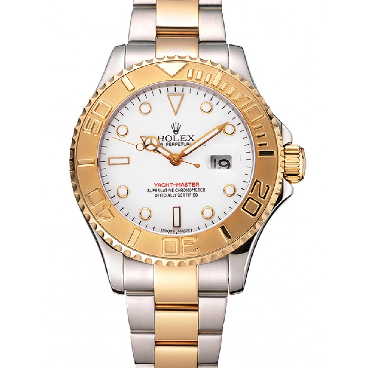 RepTime Watches 0219 Rolex Yacht-Master White Dial Gold Bezel Stainless Steel Case Two Tone Bracelet