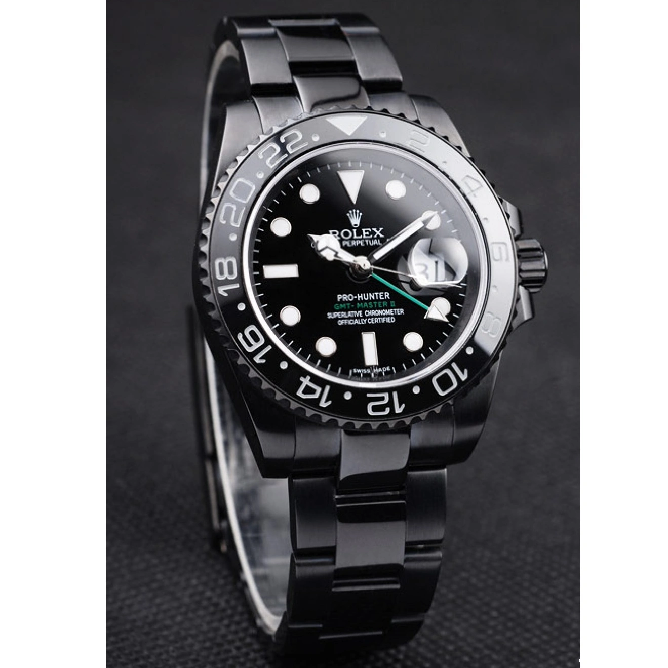 RepTime Watches 0215 Rolex Swiss GMT Master II Pro-Hunter Black Steel Strap Black Dial