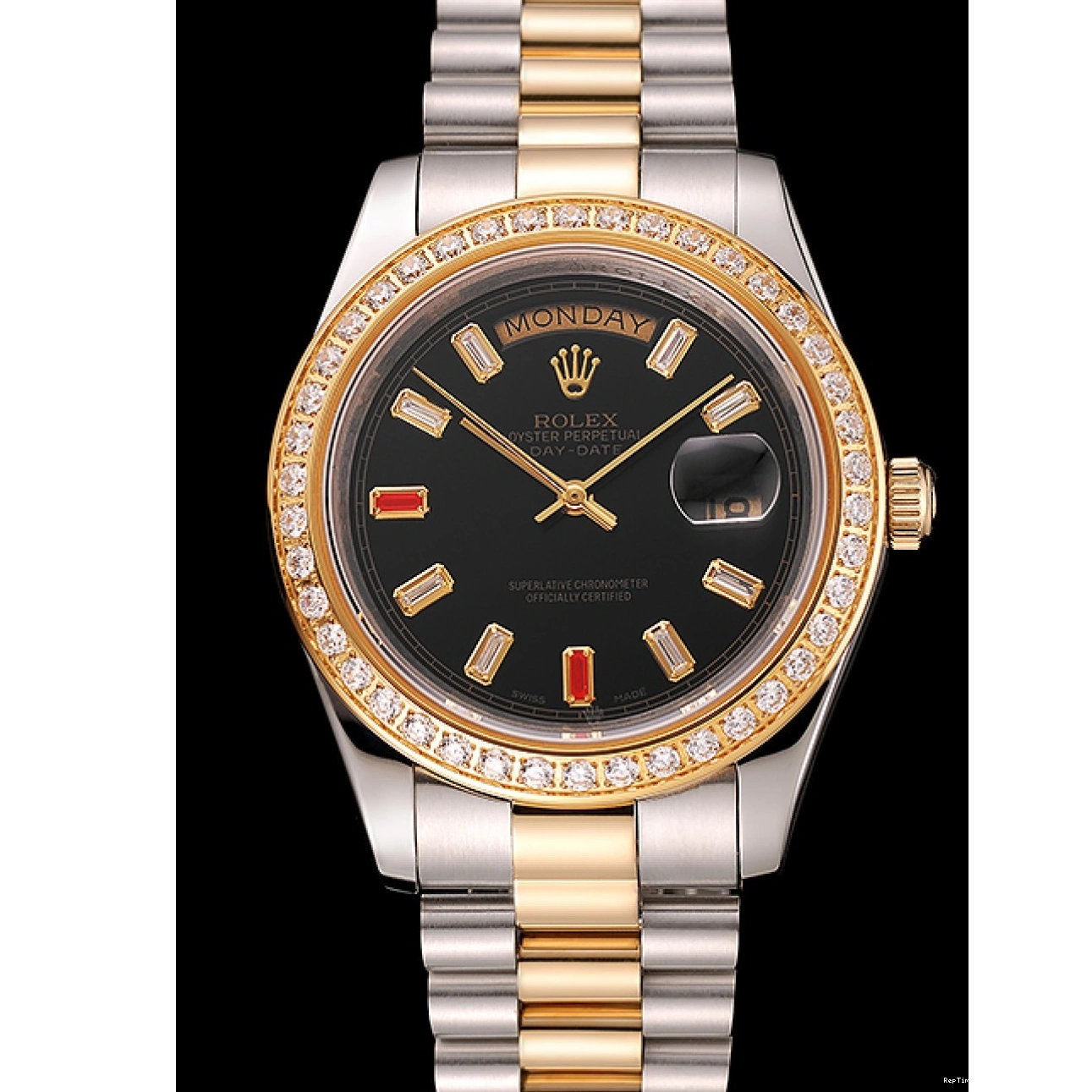 RepTime Watches 0223 Swiss Rolex Day-Date Diamonds And Rubies Black Dial Two Tone Bracelet 1454105