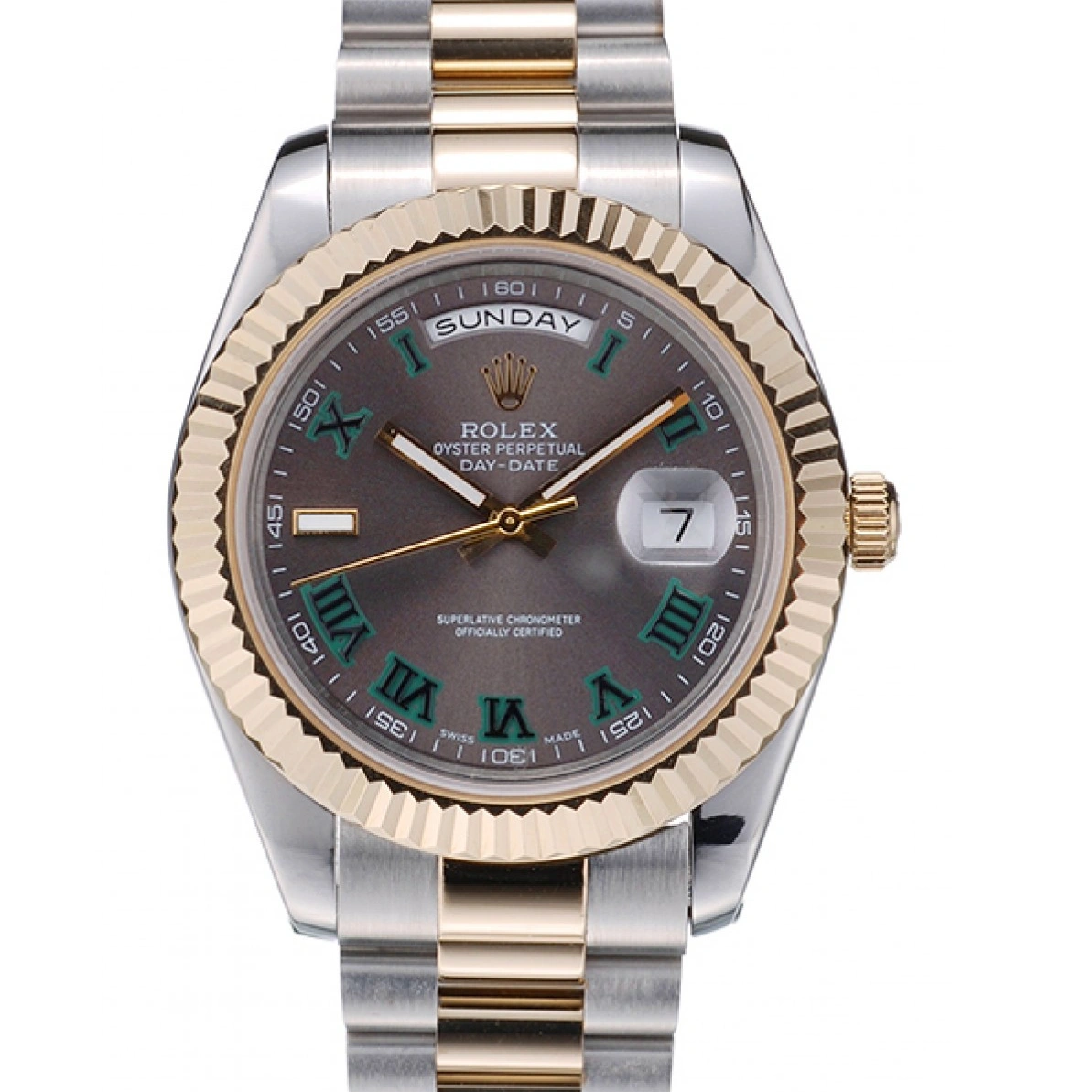 RepTime Watches 0219 Rolex Swiss DayDate Gold Stainless Steel Ribbed Bezel Grey Dial 41909