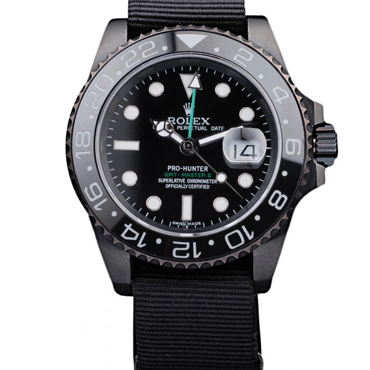 RepTime Watches 0209 Rolex Swiss GMT Master II Pro-Hunter Black Fabric Strap Black Dial