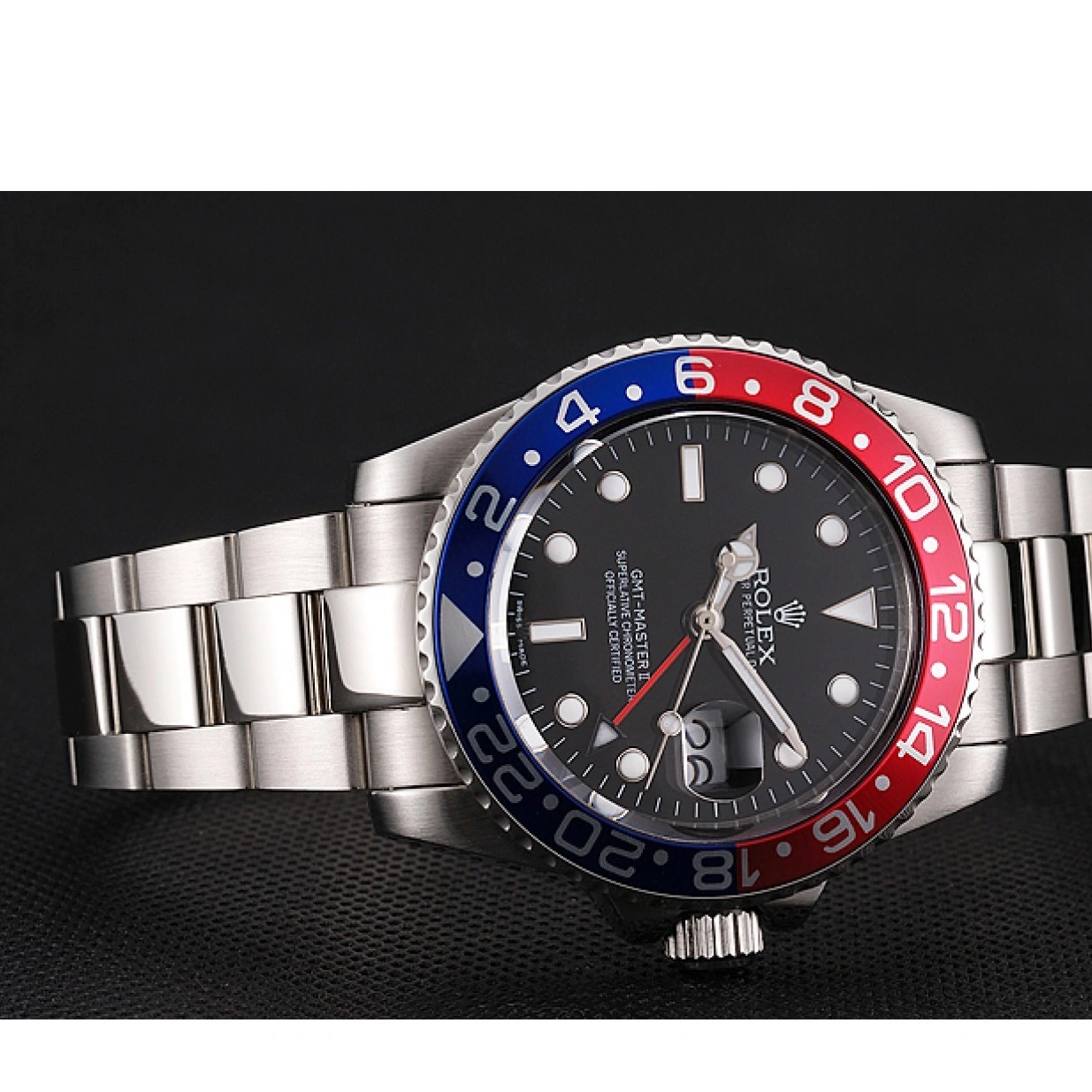 RepTime Watches 0220 Swiss Rolex GMT Master II Black Dial Pepsi Bezel Stainless Steel Case And Bracelet 1453751