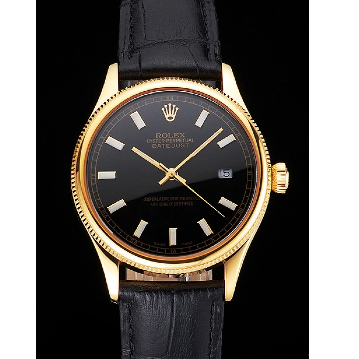 RepTime Watches 0215 Swiss Rolex Datejust Black Dial Gold Case Black Leather Strap