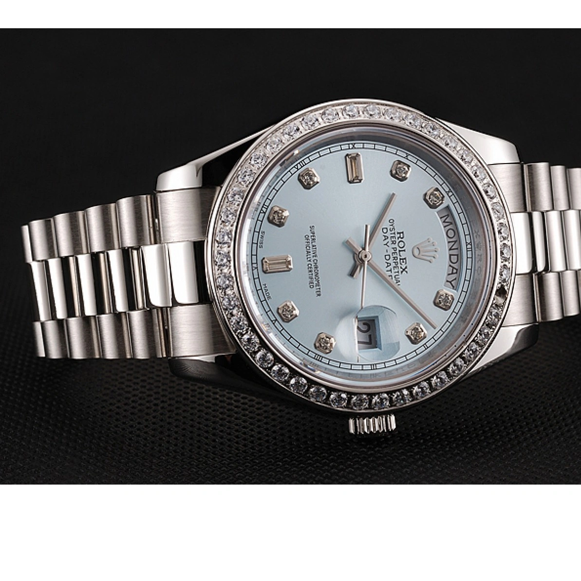 RepTime Watches 0211 Swiss Rolex Day-Date Ice Blue Dial Diamond Case Diamond Numerals Stainless Steel Bracelet 1453963