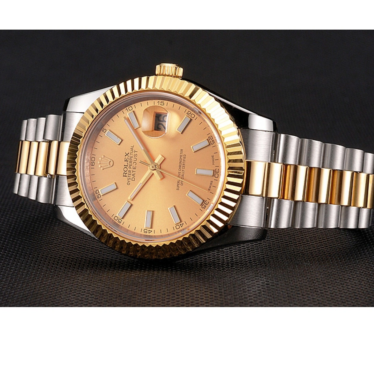 RepTime Watches 0226 Swiss Rolex Datejust Gold Dial Gold Bezel Stainless Steel Case Two Tone Bracelet