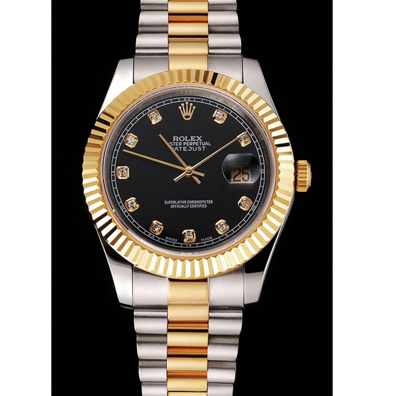 RepTime Watches 0217 Swiss Rolex Datejust Black Dial Stainless Steel Case Gold Bezel Two Tone Bracelet