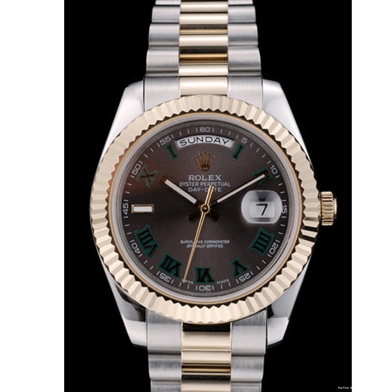 RepTime Watches 0219 Rolex Swiss DayDate Gold Stainless Steel Ribbed Bezel Grey Dial 41909