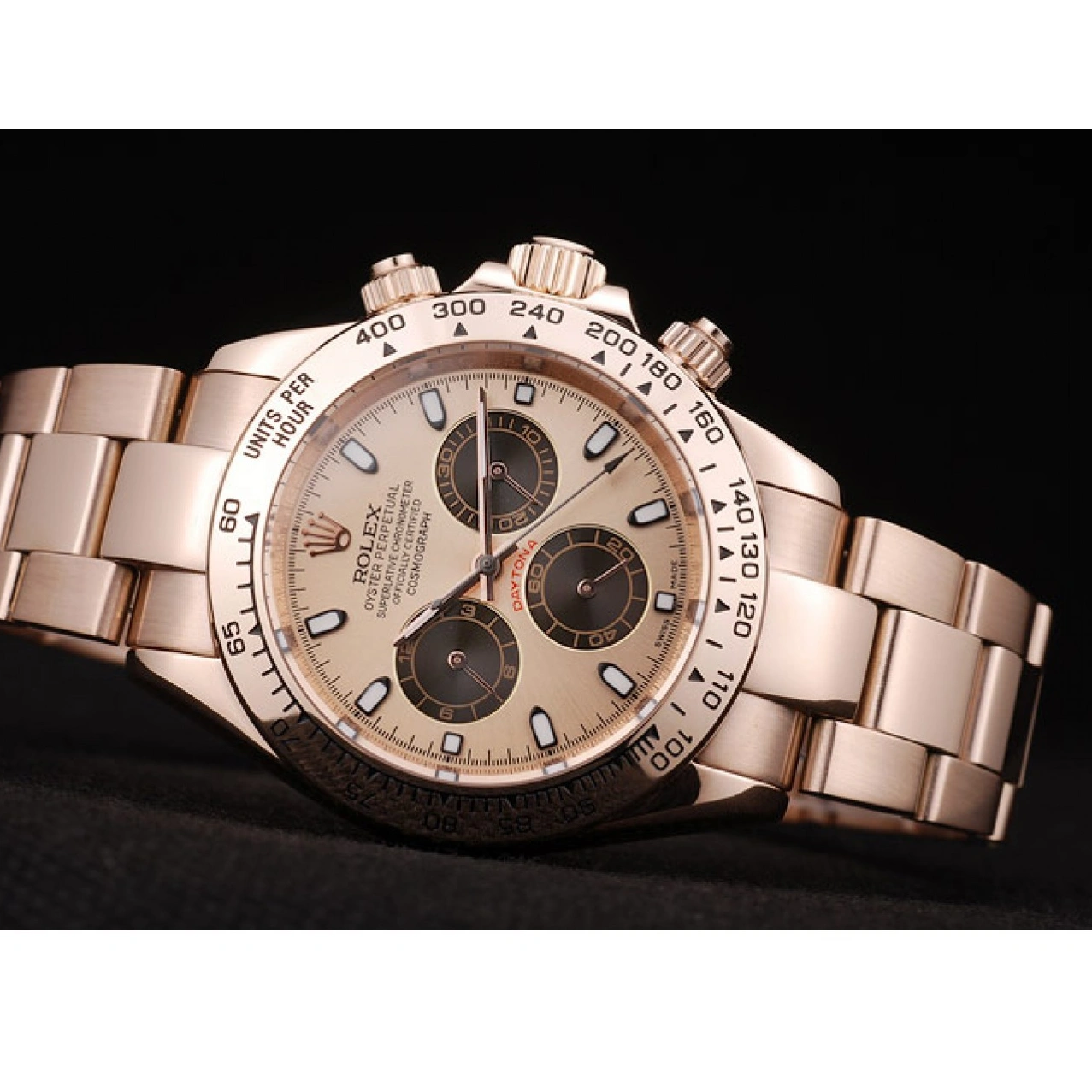 RepTime Watches 0218 Rolex Daytona Rose Gold Plated Stainless Steel Bezel Rose Gold Dial