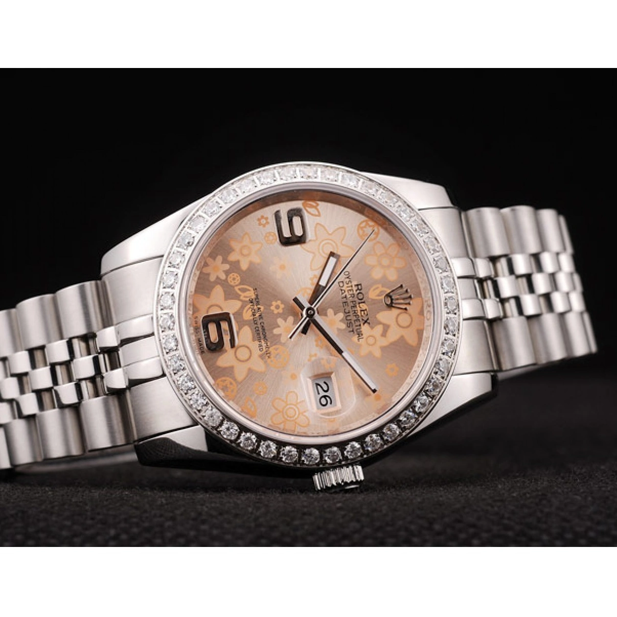 RepTime Watches 0208 Rolex DateJust Brushed Stainless Steel Case Orange Flowers Dial Diamonds Plated