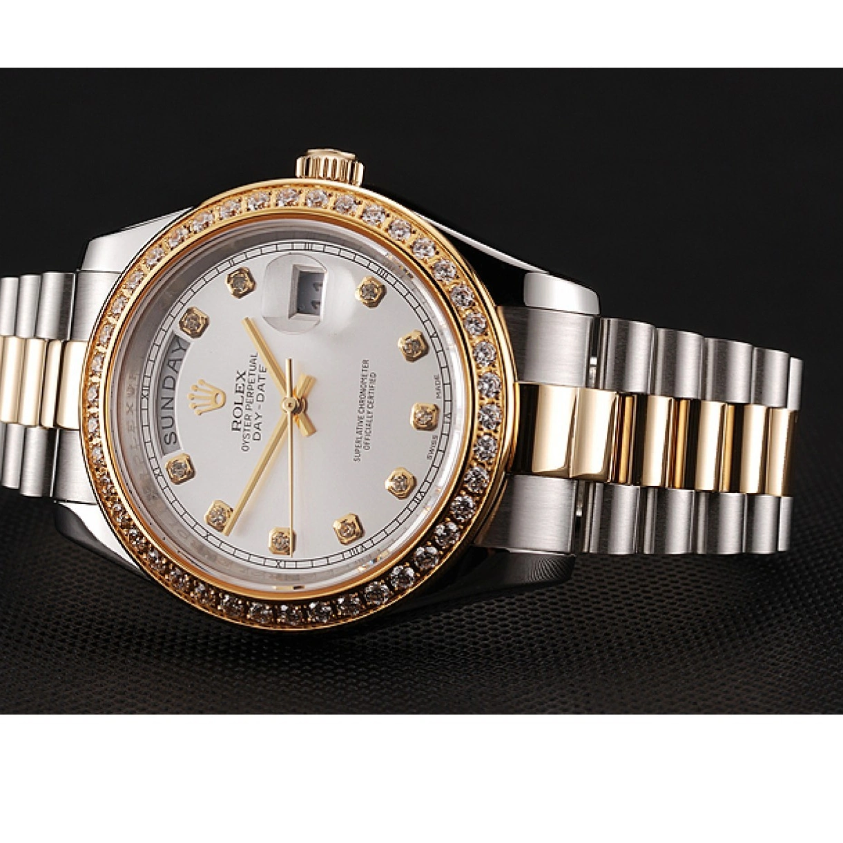 RepTime Watches 0219 Swiss Rolex Day-Date White Dial Gold Diamond Case Two Tone Stainless Steel Bracelet 1453971