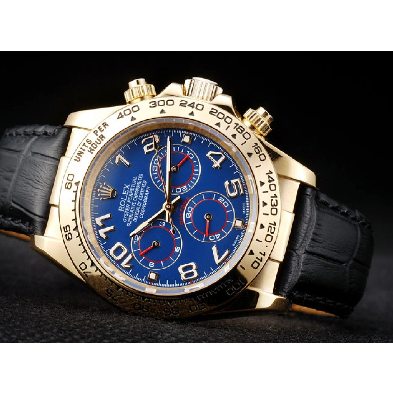 RepTime Watches 0221 Rolex Daytona Gold Case Blue Dial Black Leather Strap