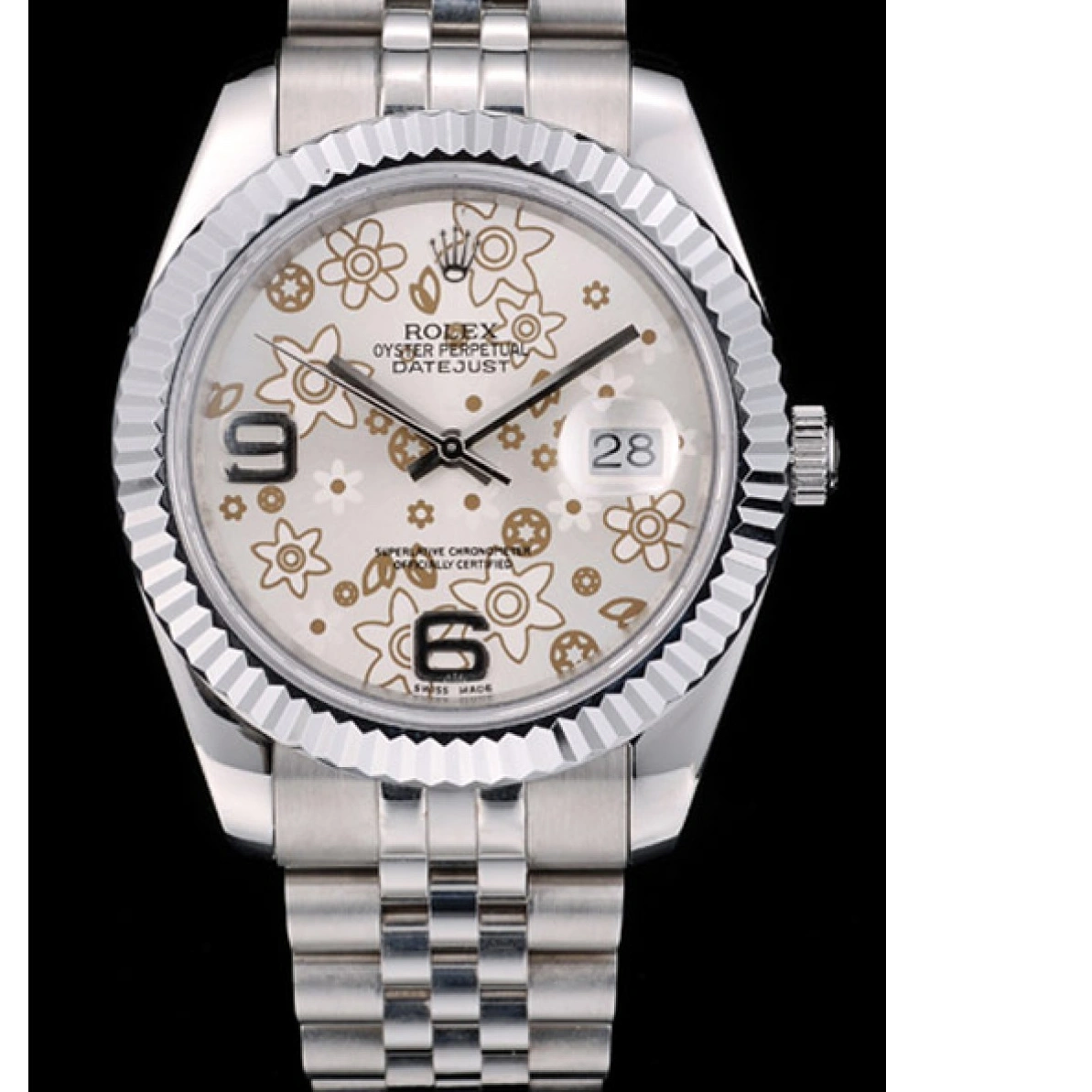 RepTime Watches 0221 Rolex Swiss DateJust Stainless Steel Ribbed Bezel Flower Silver Dial 42001