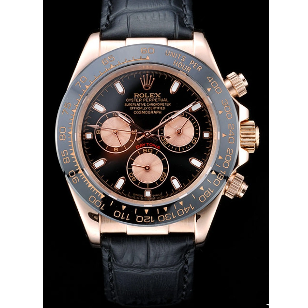 RepTime Watches 0219 Rolex Daytona Rose Gold Case Black Dial Black Leather Strap