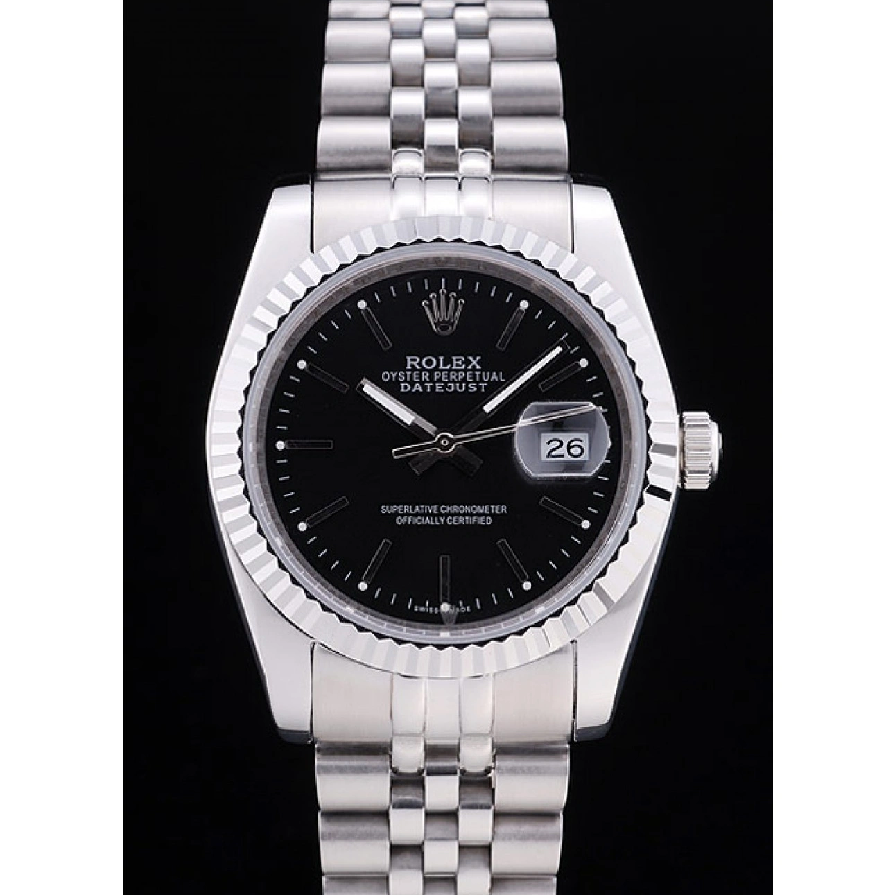 RepTime Watches 0208 Rolex Datejust Black Dial Diamonds Ribbed Bezel 7456