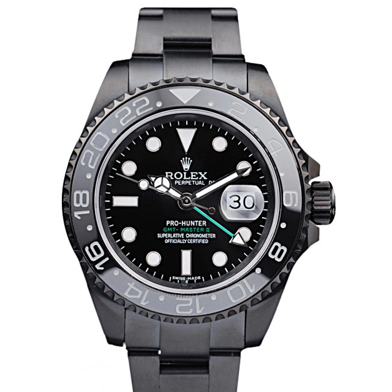 RepTime Watches 0215 Rolex Swiss GMT Master II Pro-Hunter Black Steel Strap Black Dial