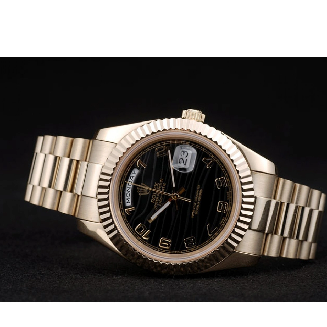 RepTime Watches 0212 Rolex DayDate Black Patterned Dial Gold Stainless Steel Strap 41980