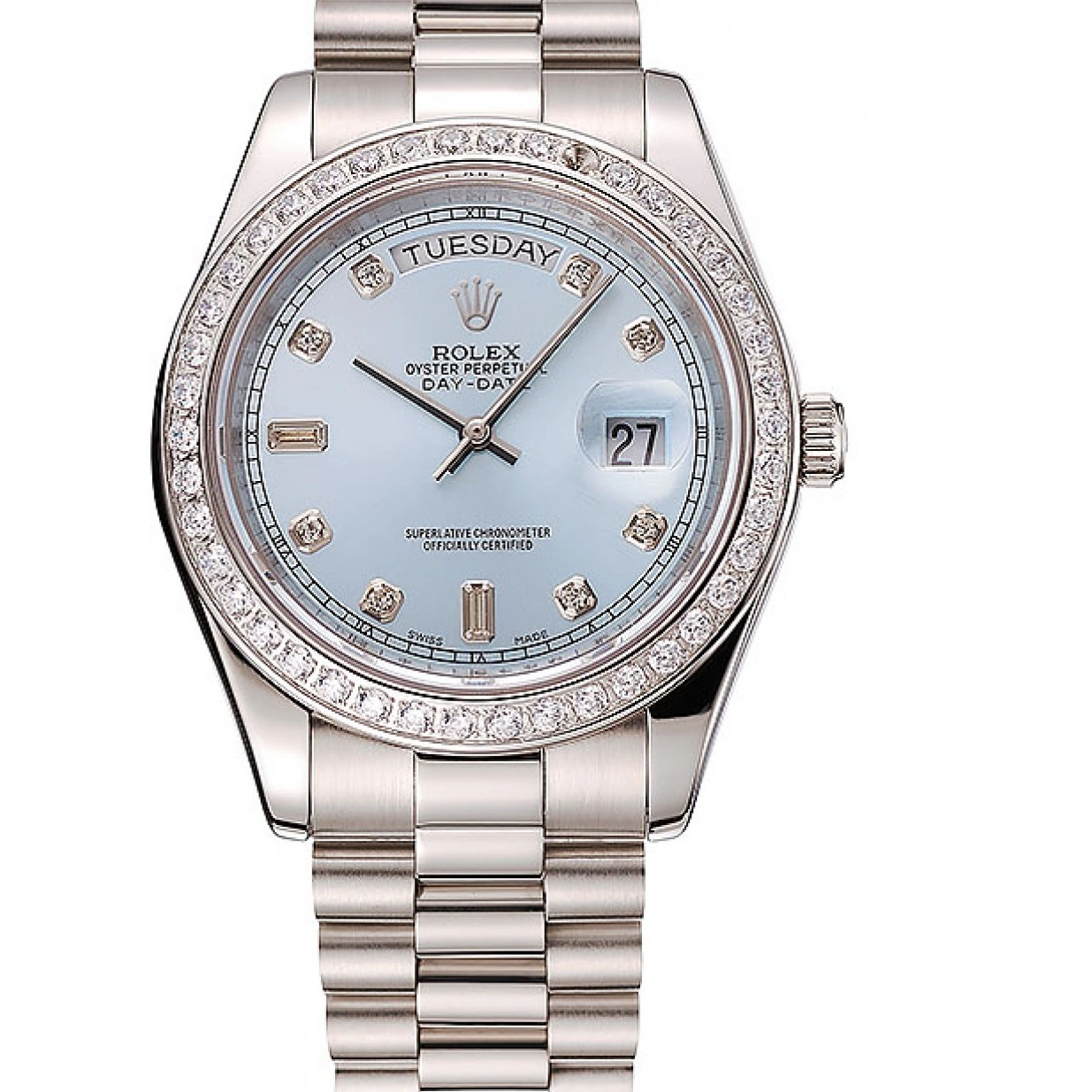 RepTime Watches 0211 Swiss Rolex Day-Date Ice Blue Dial Diamond Case Diamond Numerals Stainless Steel Bracelet 1453963