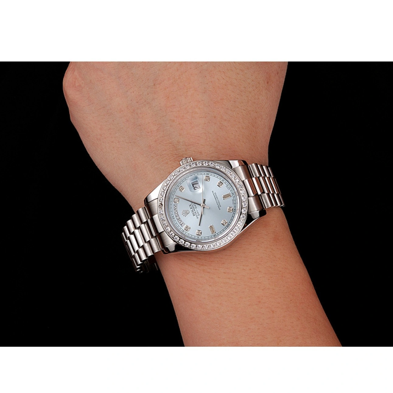 RepTime Watches 0211 Swiss Rolex Day-Date Ice Blue Dial Diamond Case Diamond Numerals Stainless Steel Bracelet 1453963