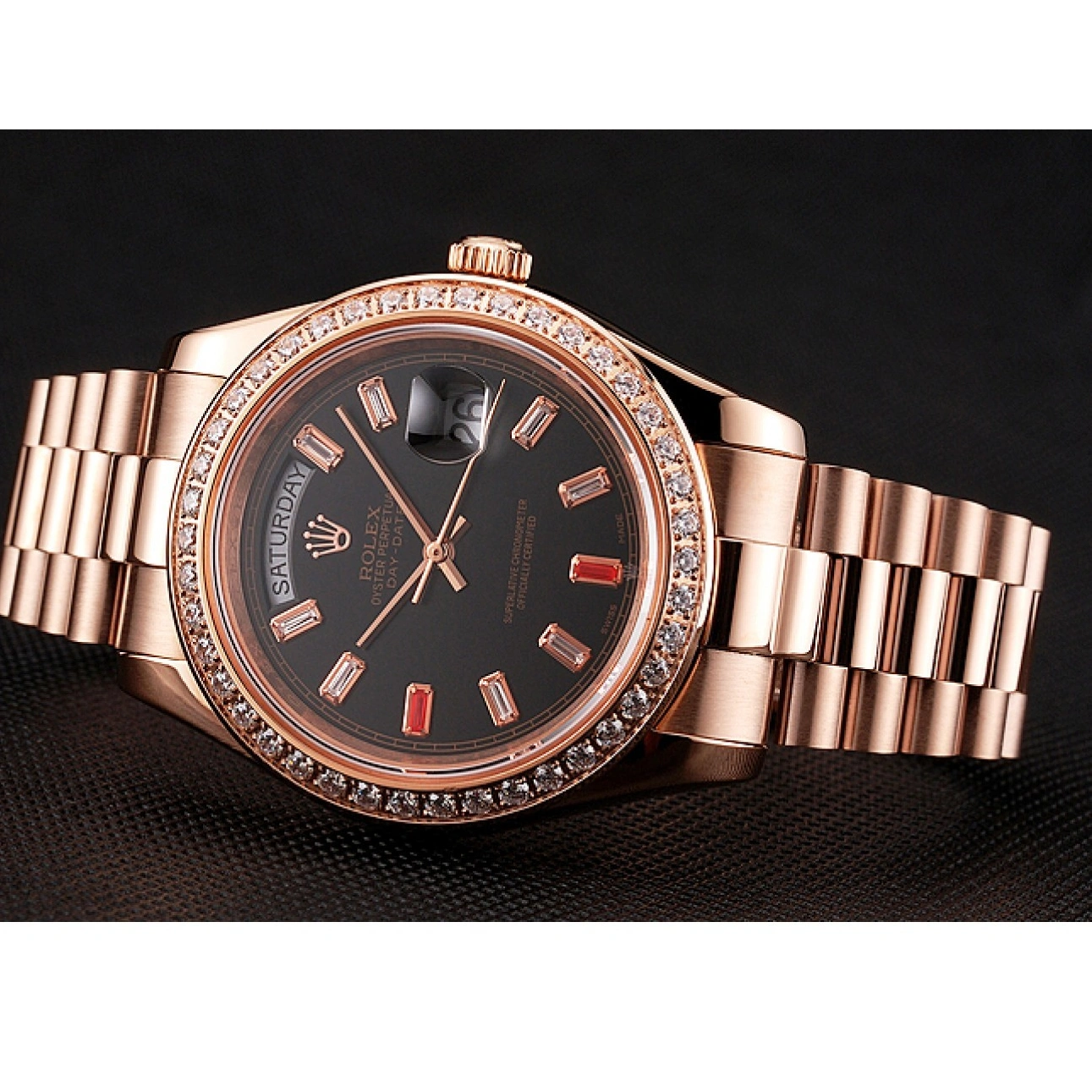 RepTime Watches 0211 Swiss Rolex Day-Date Diamonds And Rubies Black Dial Rose Gold Bracelet 1454102