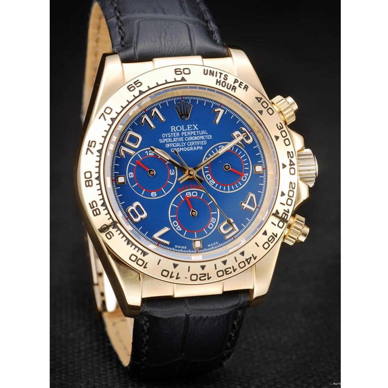 RepTime Watches 0221 Rolex Daytona Gold Case Blue Dial Black Leather Strap