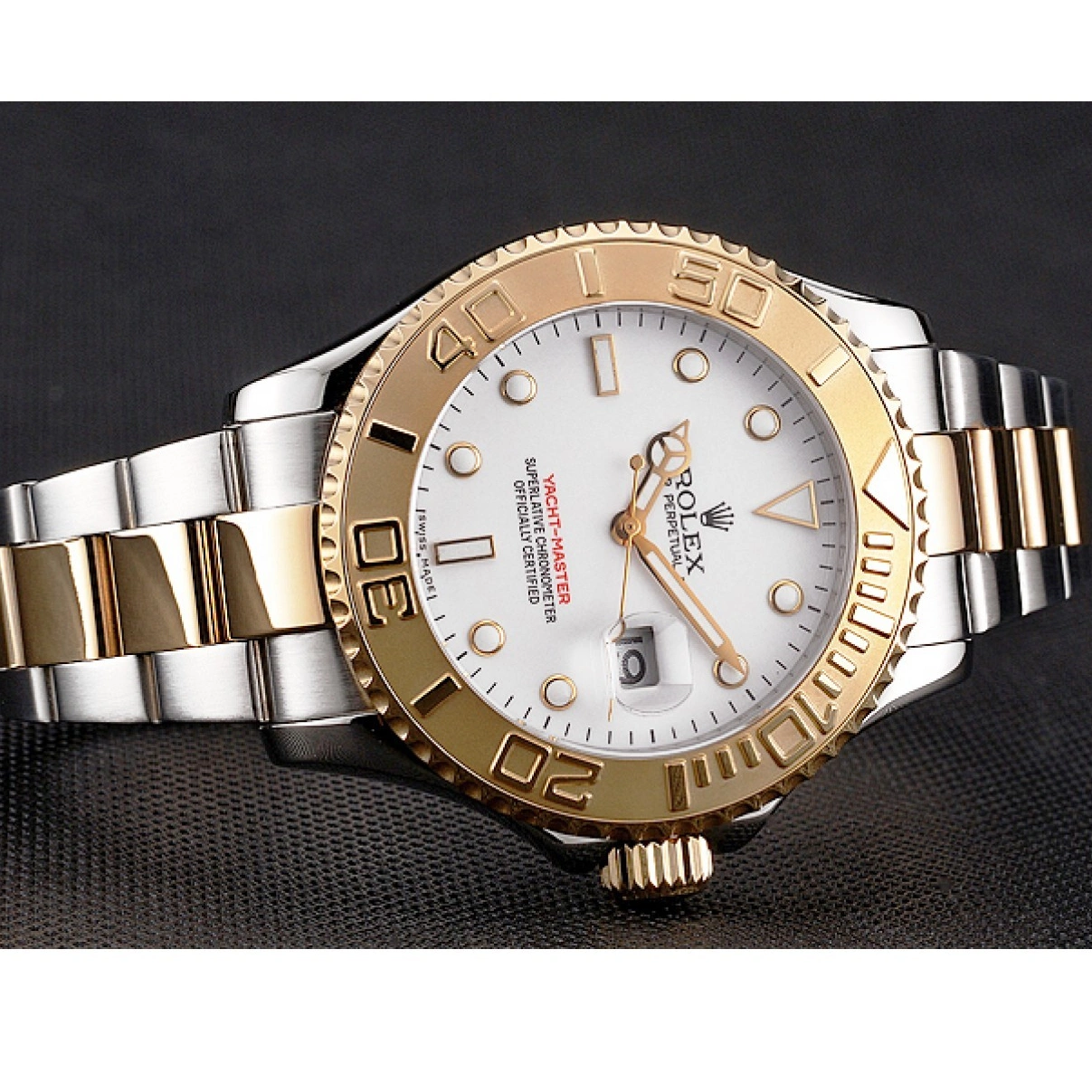 RepTime Watches 0227 Rolex Yacht-Master White Dial Gold Bezel Stainless Steel Case Two Tone Bracelet