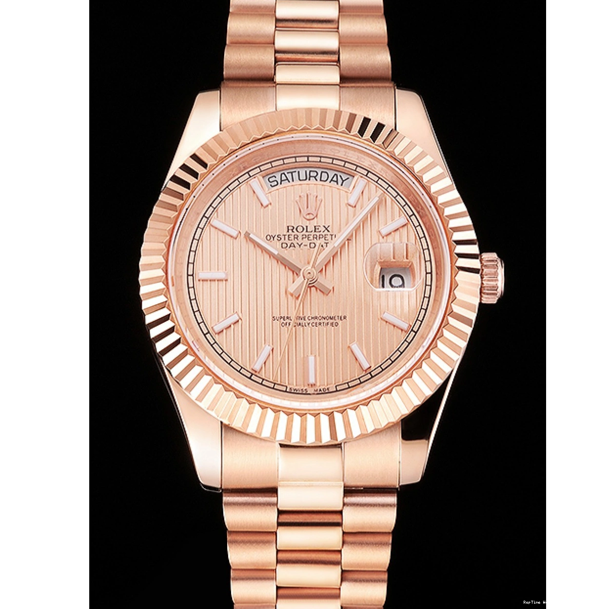 RepTime Watches 0213 Swiss Rolex Day Date 40 Rose Gold Etched Dial Rose Gold Case And Bracelet