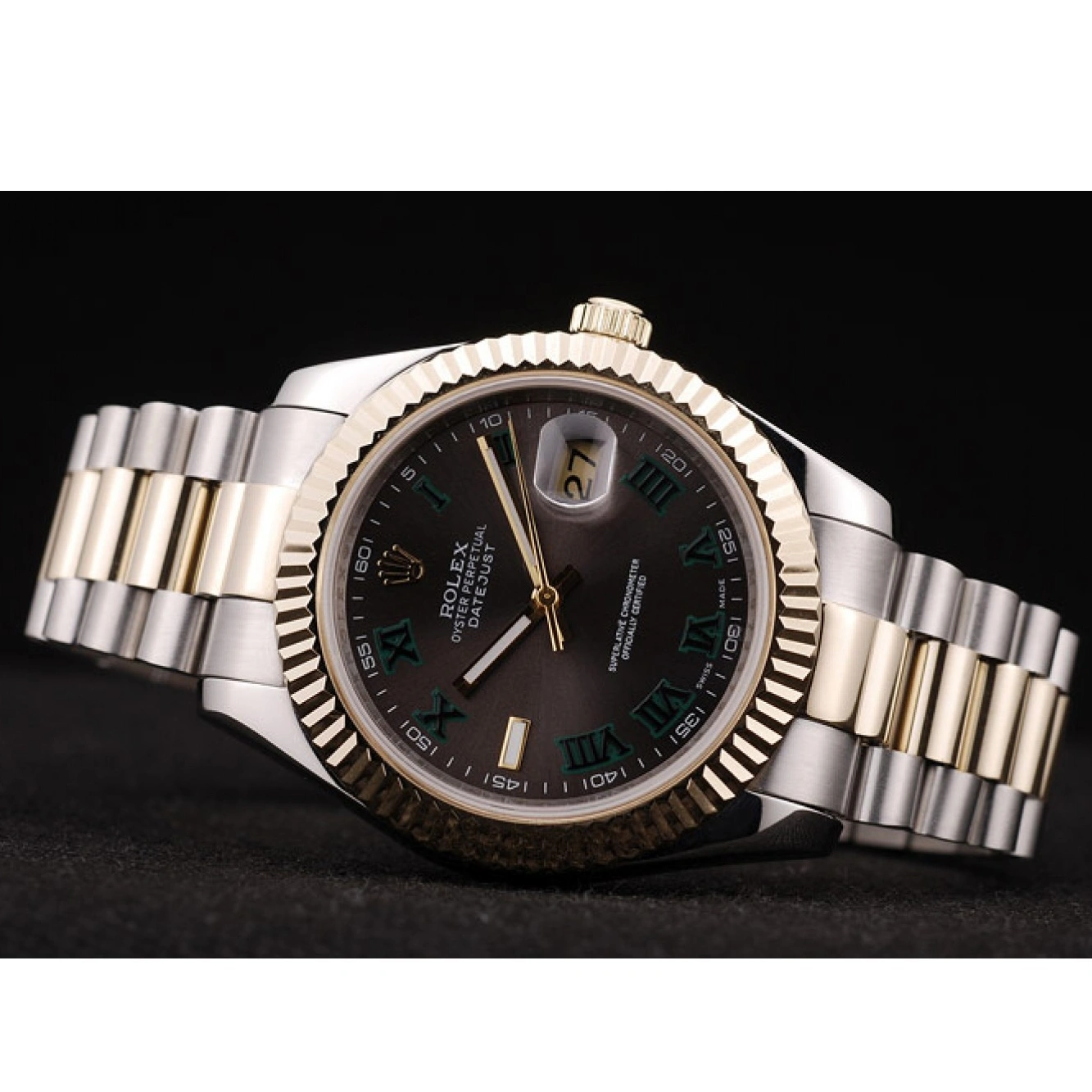 RepTime Watches 0212 Rolex DateJust Gold Ribbed Pattern Bezel Brown Dial