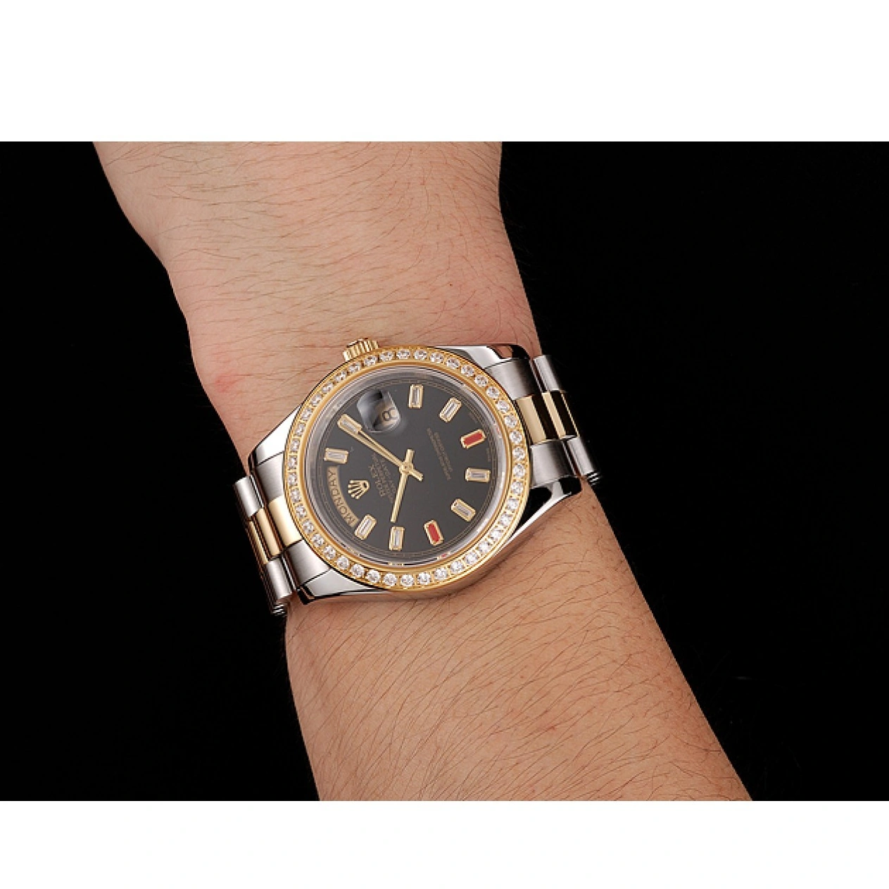 RepTime Watches 0223 Swiss Rolex Day-Date Diamonds And Rubies Black Dial Two Tone Bracelet 1454105