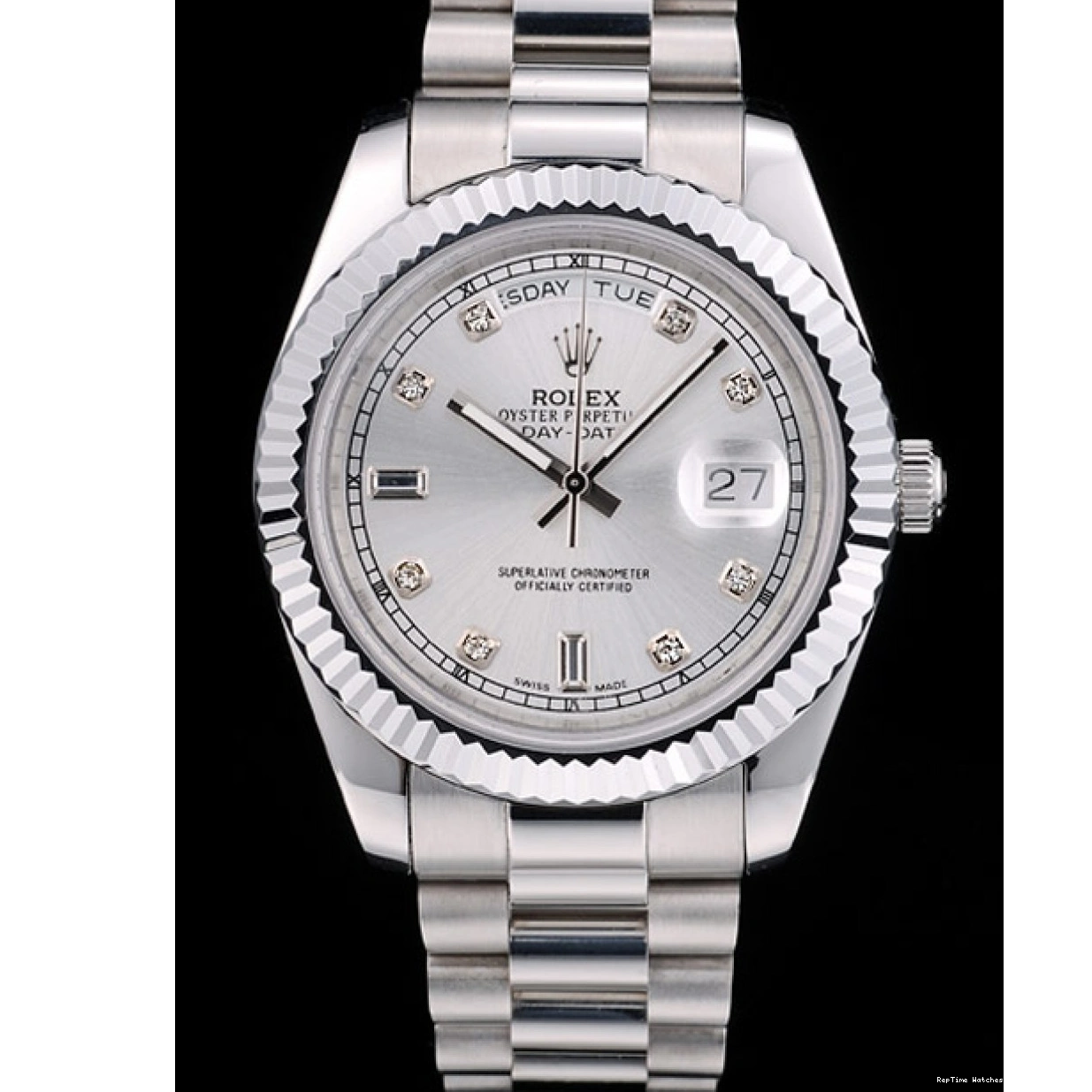 RepTime Watches 0215 Rolex Swiss DayDate Stainless Steel Ribbed Bezel Silver Dial 41995