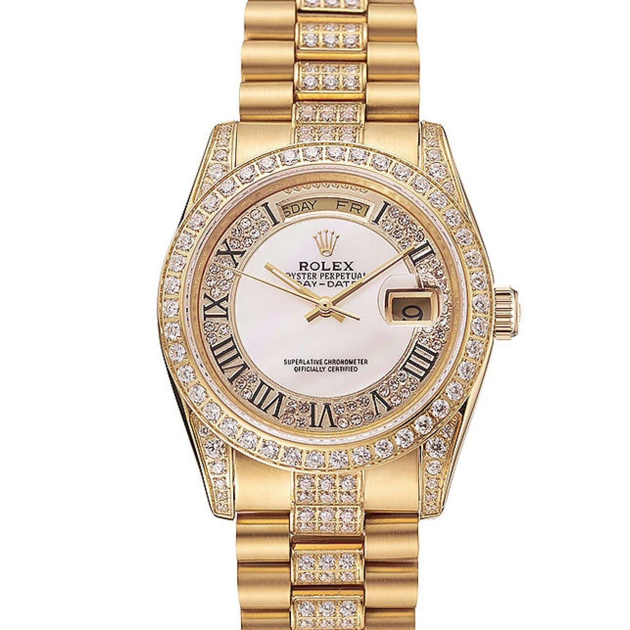 RepTime Watches 0213 Swiss Rolex Day-Date Diamond Pave White Dial Gold Diamond Bracelet 1453958