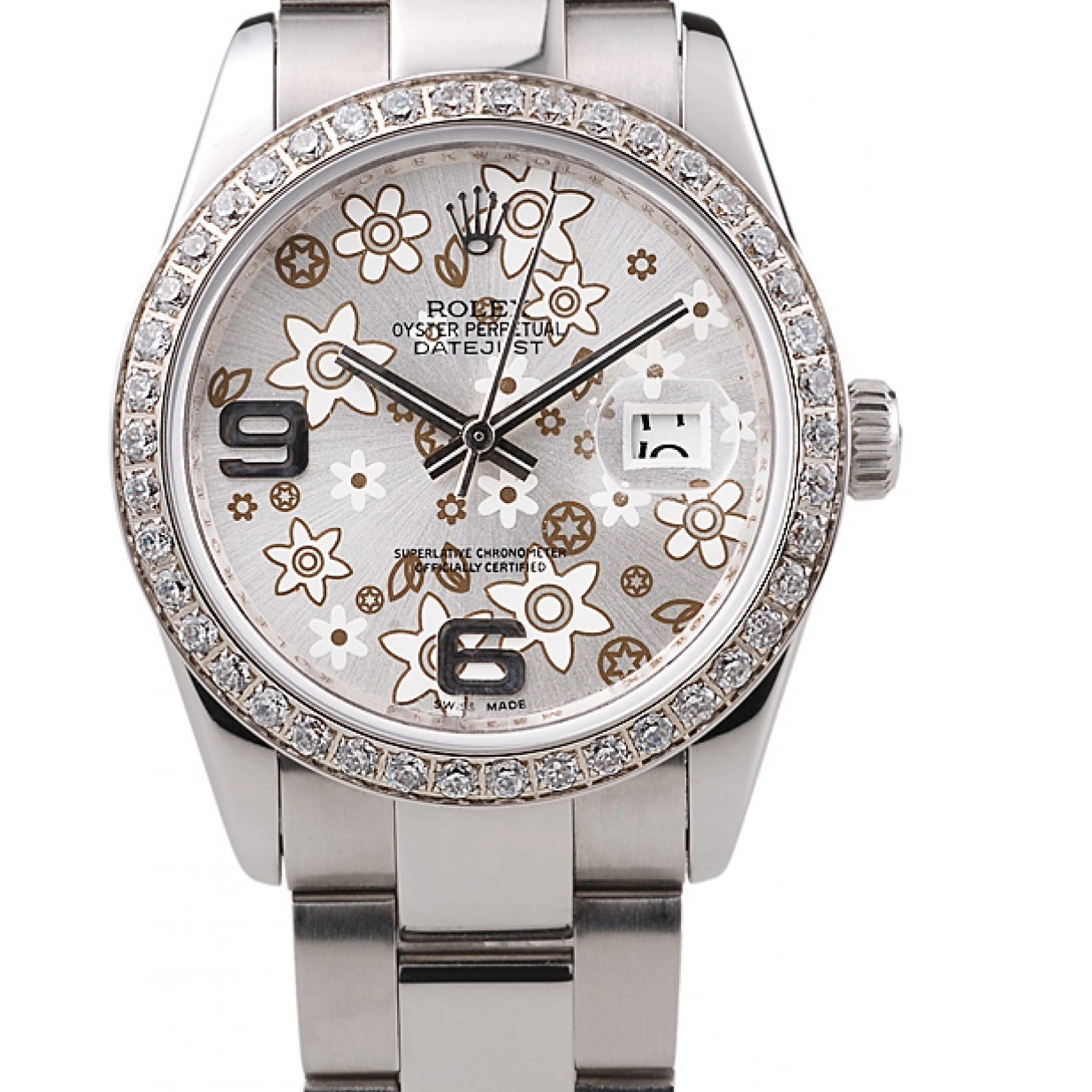 RepTime Watches 0227 Rolex Datejust Stainless Steel Silver Flowers Dial Diamond Plated rl305