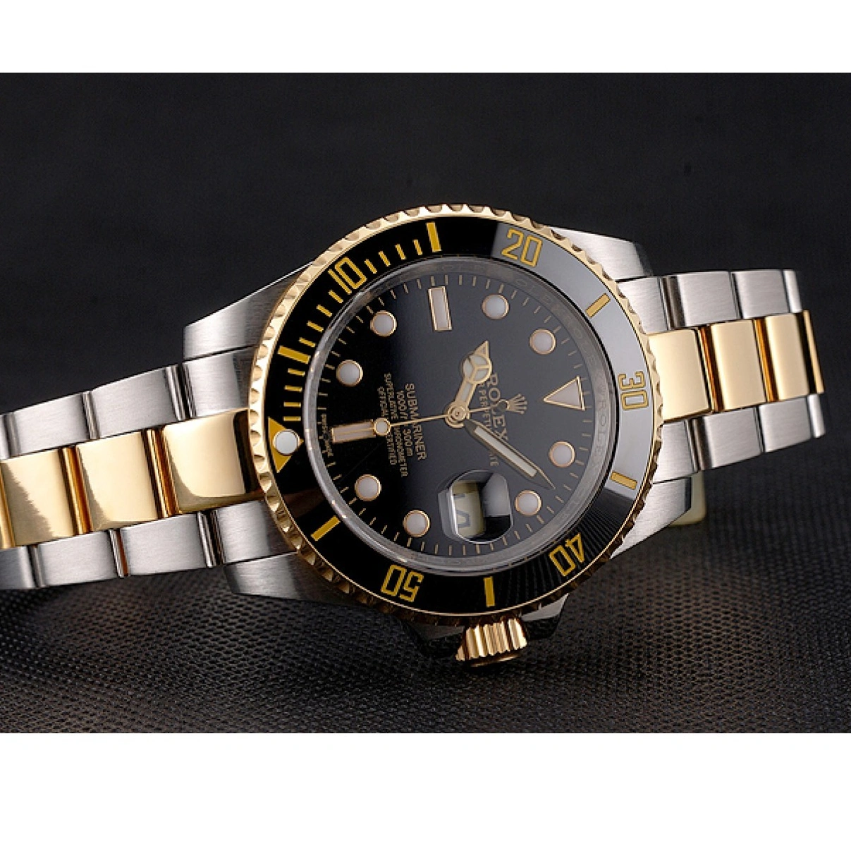 RepTime Watches 0209 Swiss Rolex Submariner Black Dial And Bezel Two Tone Steel Gold Bracelet