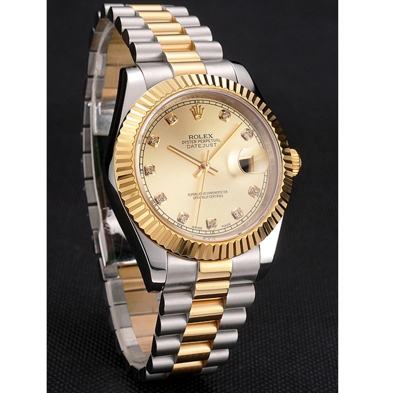 RepTime Watches 0222 Swiss Rolex Datejust Gold Dial And Bezel Stainless Steel Case Two Tone Bracelet