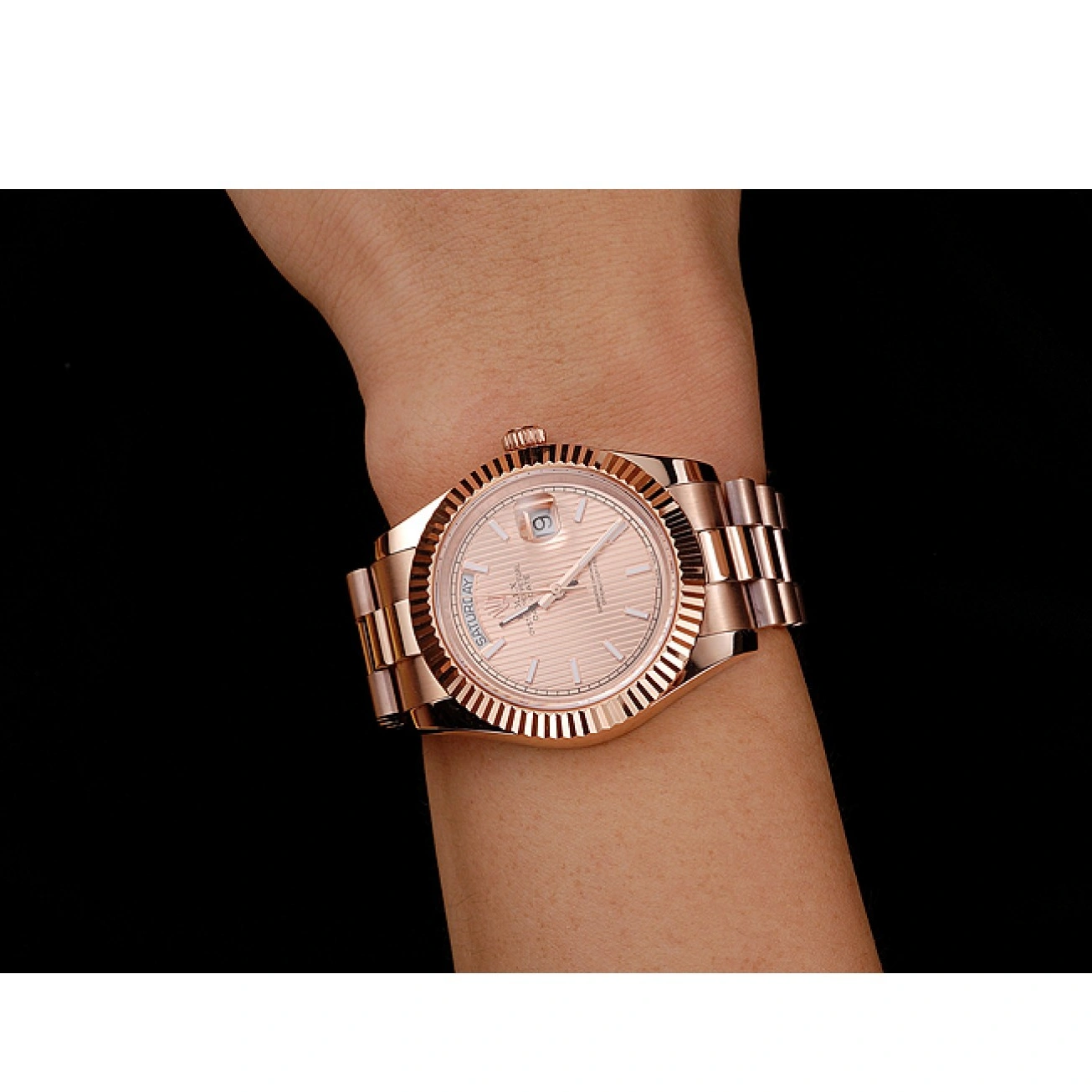 RepTime Watches 0213 Swiss Rolex Day Date 40 Rose Gold Etched Dial Rose Gold Case And Bracelet