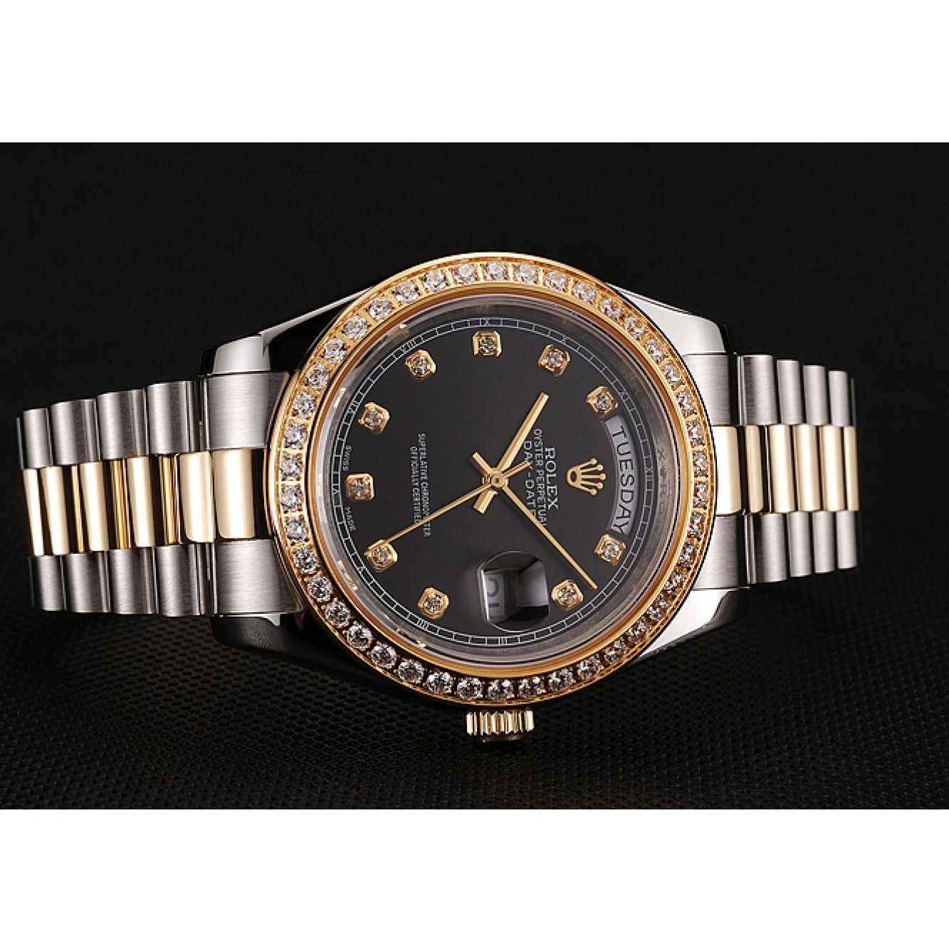 RepTime Watches 0215 Swiss Rolex Day-Date Black Dial Gold Diamond Case Two Tone Stainless Steel Bracelet 1453975