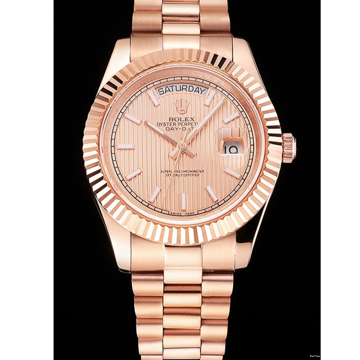 RepTime Watches 0221 Swiss Rolex Day Date 40 Rose Gold Etched Dial Rose Gold Case And Bracelet