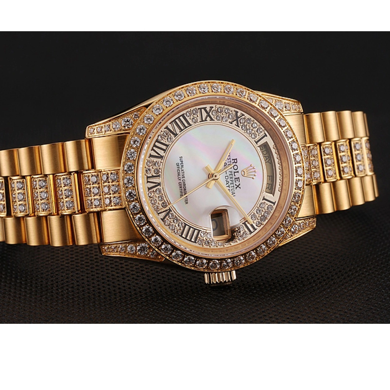 RepTime Watches 0213 Swiss Rolex Day-Date Diamond Pave White Dial Gold Diamond Bracelet 1453958