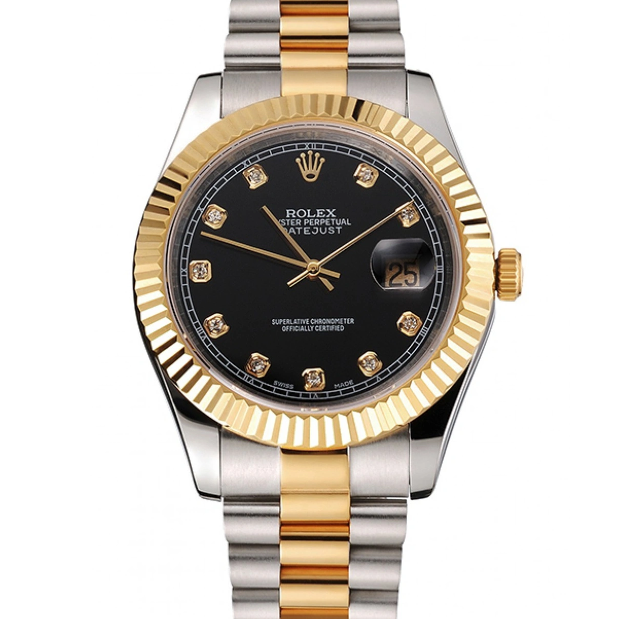 RepTime Watches 0217 Swiss Rolex Datejust Black Dial Stainless Steel Case Gold Bezel Two Tone Bracelet