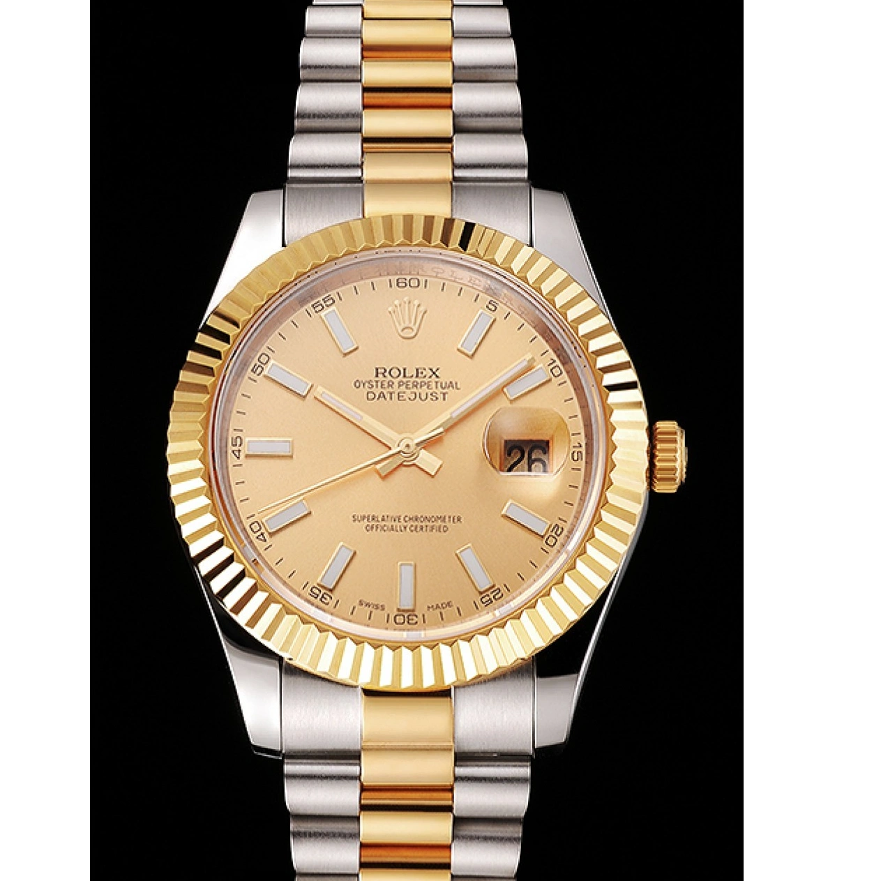 RepTime Watches 0226 Swiss Rolex Datejust Gold Dial Gold Bezel Stainless Steel Case Two Tone Bracelet