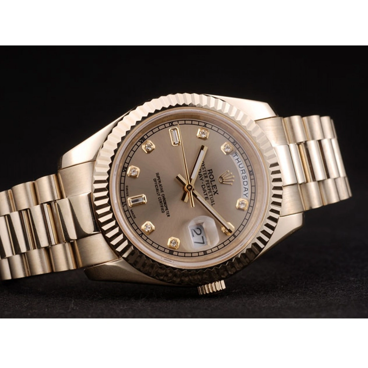 RepTime Watches 0220 Rolex DayDate Gold Stainless Steel Ribbed Bezel Goldish Dial 41979