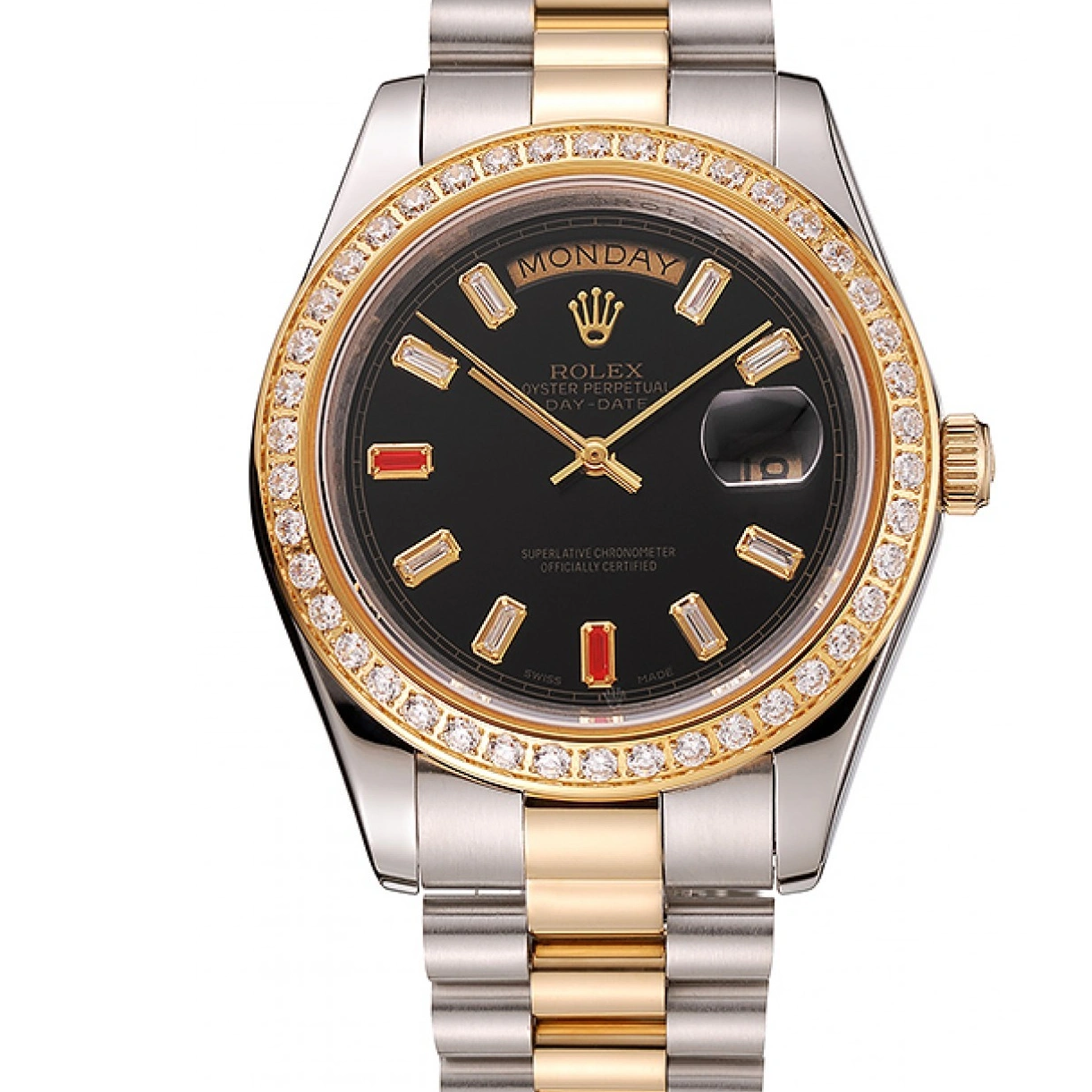 RepTime Watches 0223 Swiss Rolex Day-Date Diamonds And Rubies Black Dial Two Tone Bracelet 1454105