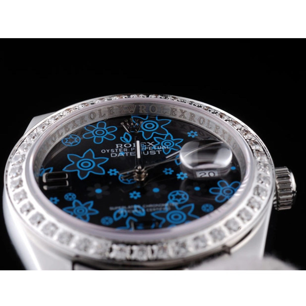 RepTime Watches 0227 Rolex Datejust Polished Stainless Steel Dark Blue Flowers Dial Diamond Plated