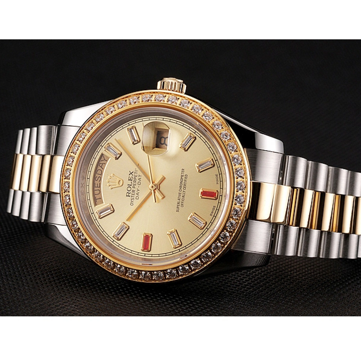 RepTime Watches 0224 Swiss Rolex Day-Date Diamonds And Rubies Champagne Dial Two Tone Bracelet 1454104