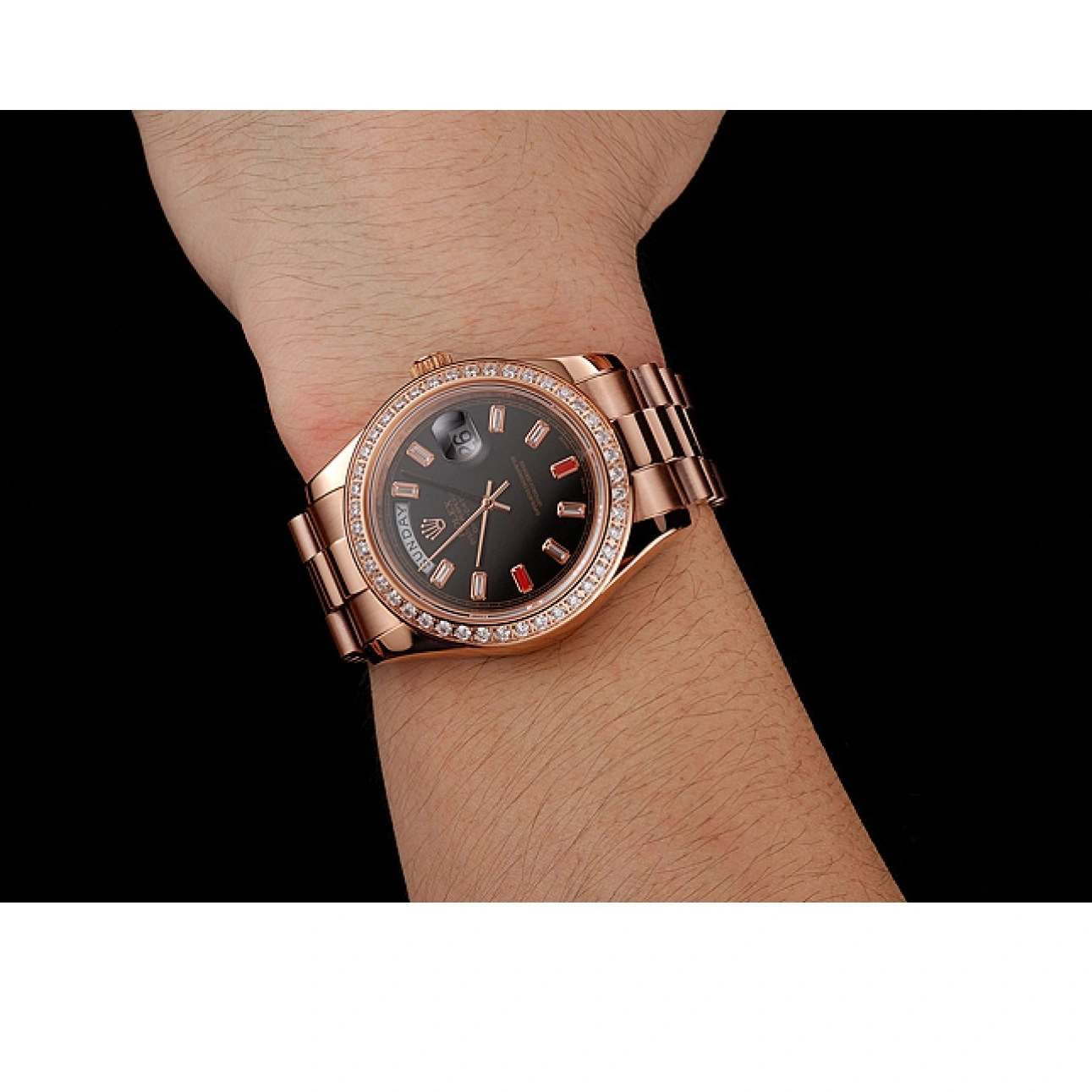 RepTime Watches 0211 Swiss Rolex Day-Date Diamonds And Rubies Black Dial Rose Gold Bracelet 1454102