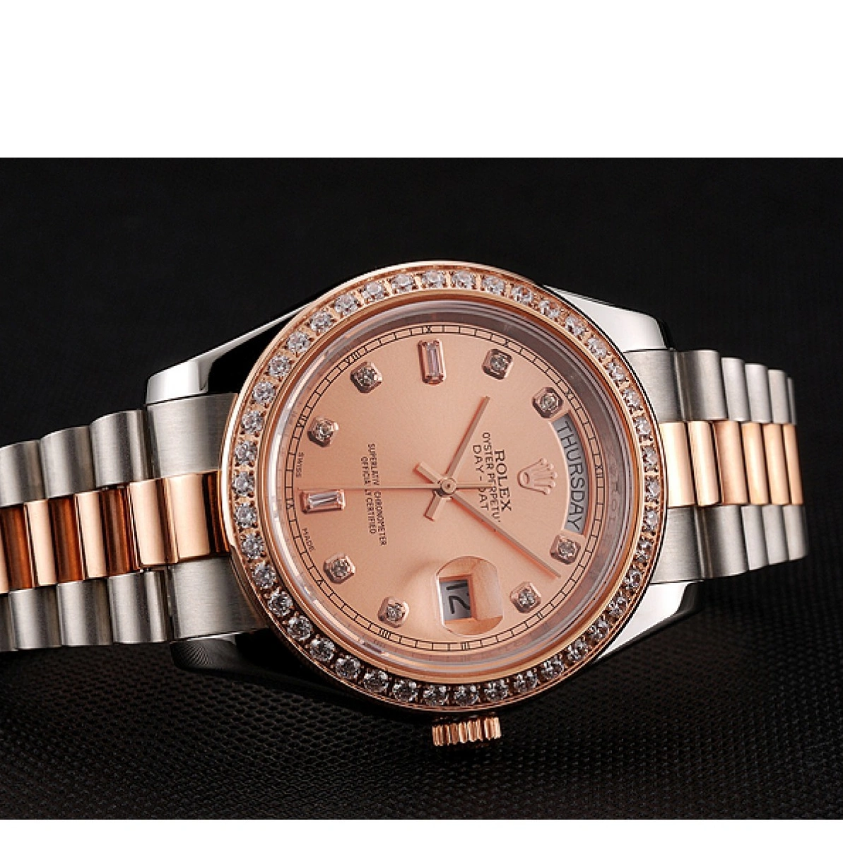 RepTime Watches 0212 Swiss Rolex Day-Date Diamonds Bezel Rose Gold And Staineless Steel Bracelet 1454107