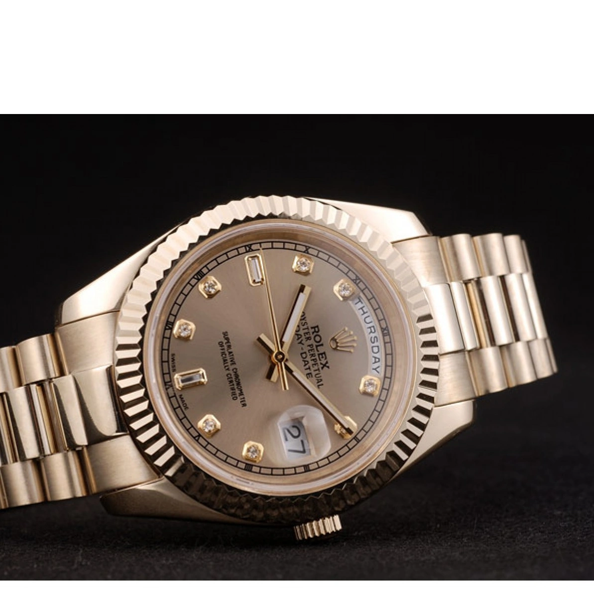 RepTime Watches 0221 Rolex Swiss DayDate Gold Stainless Steel Ribbed Bezel Gold Dial 41997