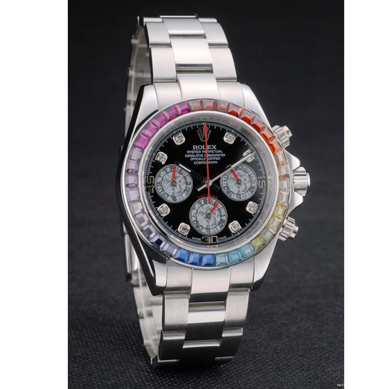 RepTime Watches 0224 Rolex Daytona Cosmograph Rainbow Crystals Bezel Stainless Steep Strap Black Dial 80250